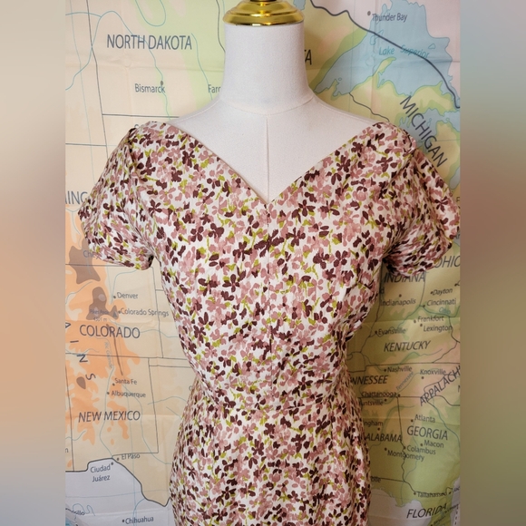 Vintage 1950s Floral Dress Off The Shoulder Cocktail Women's - Picture 2 of 14